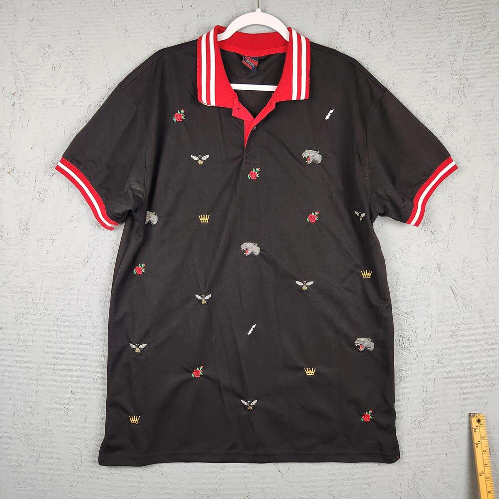 Bleecker and Mercer Polo Shirt Mens 2XL Black Red Embroidered Bees Roses Panther